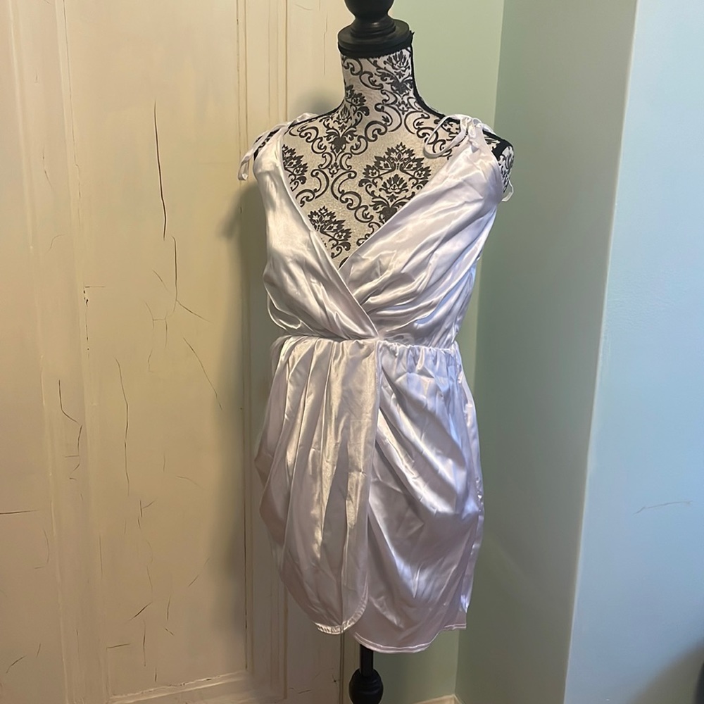 White satin tie shoulder wrap bodycon dress